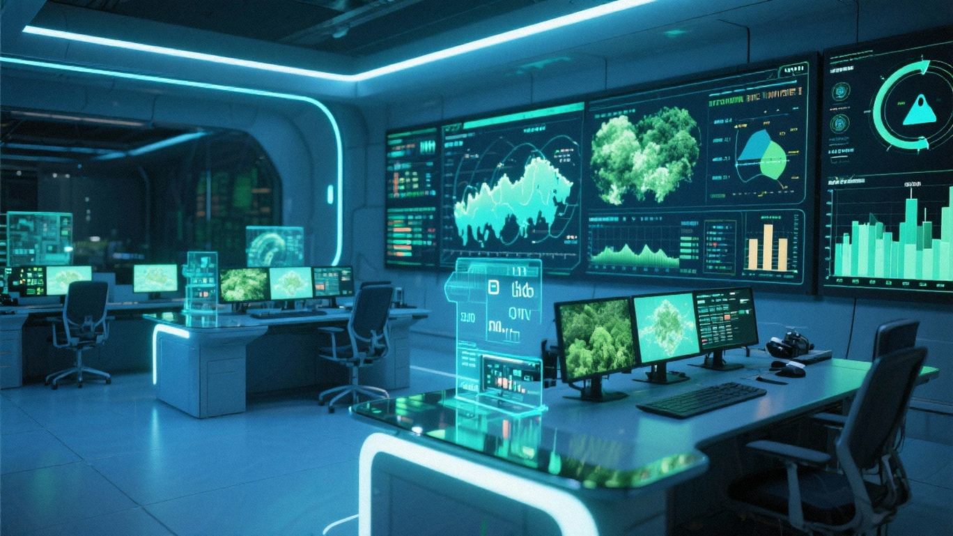 Futuristisk kontrollrum med miljödata på skärmar